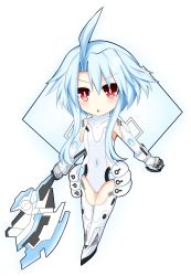 Rule 34 | 10s, 1girl, ahoge, armor, axe, blanc (neptunia), blue hair, blush, chibi, covered navel, elbow gloves, full body, gloves, haru blanc0316, highres, leotard, mechanical wings, neptune (series), open mouth, power symbol, power symbol-shaped pupils, red eyes, short hair with long locks, sidelocks, simple background, sleeveless, solo, symbol-shaped pupils, weapon, white background, white gloves, white heart (neptunia), white legwear, wings