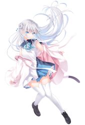 Rule 34 | 1girl, anemoi, blue bow, blue bowtie, blush, bow, bowtie, double bun, dress, expressionless, floating hair, full body, grey hair, hair bun, hair ornament, jacket, long hair, na-ga, official art, open clothes, open jacket, parted lips, pink jacket, solo, thighhighs, transparent background, tsujikura spica, white thighhighs, zettai ryouiki