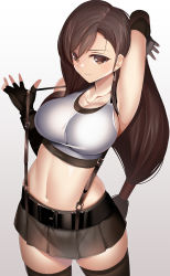 Rule 34 | 1girl, arm up, armpits, belt, black gloves, black thighhighs, breasts, brown eyes, brown hair, commentary request, earrings, final fantasy, final fantasy vii, final fantasy vii remake, fingerless gloves, gloves, gradient background, highres, jewelry, large breasts, long hair, looking at viewer, machimura komori, midriff, navel, skirt, smile, solo, standing, suspenders, thighhighs, tifa lockhart, very long hair