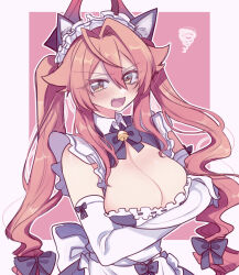 Rule 34 | 1girl, :d, alternate costume, alternate hairstyle, animal ears, arm under breasts, bell, blush, bow, bowtie, breasts, bu00f1lush, cat ears, cleavage, elbow gloves, enmaided, fake animal ears, fang, gloves, goddess of victory: nikke, hair between eyes, hair bow, headgear, highres, holding, holding plate, horns, jingle bell, large breasts, long hair, maid, maid headdress, mechanical horns, miko (uuua12u), multiple hair bows, open mouth, orange eyes, plate, red hair, red hood (nikke), smile, solo, squiggle, twintails, very long hair, white gloves, yellow bow, yellow bowtie