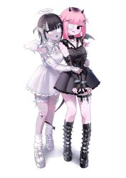 Rule 34 | 28mm, 2girls, angel, bandaid, bandaid on arm, bandaid on leg, black dress, black eyes, black footwear, black hair, black horns, black wings, boots, bound, bound wrists, breasts, choker, cross, cross-laced clothes, cuffs, dark-skinned female, dark skin, demon girl, demon tail, detached collar, detached sleeves, dress, eyepatch, fang, full body, grey hair, hair ornament, halo, handcuffs, heart, heart choker, highres, horns, hug, hug from behind, kanji hair ornament, long hair, looking at another, looking at viewer, loose socks, medical eyepatch, multicolored hair, multiple girls, neck ribbon, open mouth, original, pink hair, platform boots, platform footwear, ribbon, scar, scar on arm, scar on leg, self-harm, simple background, sleeves past wrists, small breasts, socks, spiked choker, spikes, tail, thigh strap, two-tone hair, two side up, wavy mouth, white background, white dress, white eyes, white footwear, white ribbon, white socks, white wings, wings, x hair ornament, yami kawaii