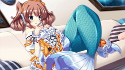 Rule 34 | 1girl, artist request, blue eyes, blush, brown hair, couch, fins, game cg, head fins, looking away, medium hair, mermaid, monster girl, monster musume no iru nichijou, monster musume no iru nichijou online, official art, on couch, open mouth, pillow, rui (monster musume), solo