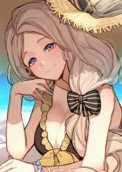 Rule 34 | 1girl, alternate costume, bare shoulders, bikini, blue nails, blush, bow, bracelet, breasts, brown bikini, cleavage, fire emblem, fire emblem: three houses, hair bow, hair over shoulder, hat, head tilt, highres, jewelry, large breasts, long hair, looking at viewer, low tied hair, mercedes von martritz, nail polish, nakabayashi zun, nintendo, purple eyes, smile, straw hat, sun hat, sweat, swimsuit
