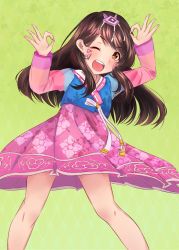 Rule 34 | 1girl, aged down, alternate costume, argyle, argyle background, argyle clothes, arms up, brown eyes, brown hair, cowboy shot, d.va (overwatch), double ok sign, facepaint, facial mark, fang, gradient background, green background, hair ornament, hanbok, highres, korean clothes, legs, long hair, looking at viewer, ok sign, one eye closed, open mouth, overwatch, overwatch 1, palanquin d.va, pink skirt, ribbon, rush san, skirt, solo, teeth, traditional clothes, unmoving pattern, whisker markings