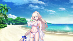 Rule 34 | 1girl, absurdly long hair, beach, blonde hair, breasts, deep one kyomu to mugen no fragment, dmm, large breasts, long hair, ribbon, swimsuit, very long hair