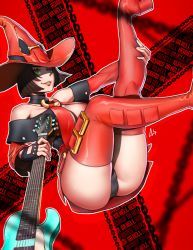 Rule 34 | 1girl, aurahack, boots, breasts, cleavage, dress, green eyes, guilty gear, guilty gear xrd, hat, high heel boots, high heels, i-no, legs, mole, mole above mouth, red footwear, red headwear, short dress, thigh boots, witch hat