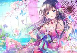 Rule 34 | 1girl, bare shoulders, black hair, blue eyes, blue ribbon, blush, branch, breasts, bubble, bug, butterfly, cherry blossoms, cleavage, floral print, flower, hair flower, hair ornament, hand up, highres, holding, insect, japanese clothes, kanzashi, kimono, large breasts, liver city, long hair, looking at viewer, medium breasts, neck ribbon, obi, off shoulder, oil-paper umbrella, open mouth, petals, petals on liquid, pink flower, pink kimono, print kimono, purple flower, red ribbon, ribbon, sakura moyon, sash, sitting, smile, solo, umbrella, water, wide sleeves