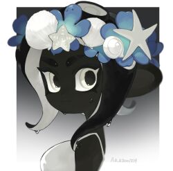 Rule 34 | 1girl, a a2001214, black hair, border, closed mouth, commentary request, dark skin, eyebrow cut, gradient background, grey background, head wreath, highres, medium hair, nintendo, octoling, octoling girl, octoling player character, simple background, solo, splatoon (series), splatoon 3, tentacle hair, upper body, very dark skin, wet, white border, white eyes