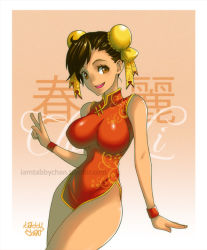 Rule 34 | 1girl, bare legs, breasts, brown eyes, brown hair, bun cover, china dress, chinese clothes, chun-li, cowboy shot, double bun, dress, impossible clothes, impossible dress, large breasts, orange dress, short dress, skin tight, solo, street fighter, tabby chan, thighs, v, watermark, web address