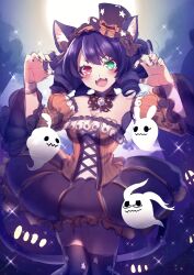 Rule 34 | 1girl, animal ears, black dress, black hair, black nails, breasts, cat ears, cat girl, cat tail, cleavage, cyan (show by rock!!), dress, ghost, green eyes, halloween costume, hat, heterochromia, highres, looking at viewer, medium breasts, mel6969, mini hat, mini top hat, multicolored clothes, multicolored dress, orange dress, red eyes, show by rock!!, solo, tail, top hat, wavy hair