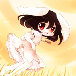 Rule 34 | 1girl, animal ears, bare legs, brown hair, carrot, dress, female focus, glasses, highres, inaba tewi, jewelry, necktie, open mouth, pendant, pink dress, rabbit ears, rabbit girl, rabbit tail, red-framed eyewear, red eyes, short hair, smile, solo, tail, touhou, yellow background, yume shokunin