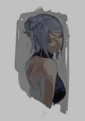 Rule 34 | 1girl, back, bare shoulders, breasts, closed mouth, cropped arms, cropped torso, eyebrows, eyelashes, closed eyes, eyeshadow, flower, hair flower, hair ornament, head tilt, highres, konan (naruto), large breasts, lips, makeup, naruto (series), piercing, purple hair, short hair, sleeveless, zifletts