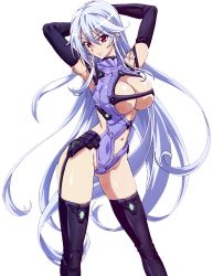 Rule 34 | 1girl, absurdres, armpits, arms behind head, blue hair, bodysuit, breasts, chidorigafuchi aine, cleavage, cleavage cutout, clothing cutout, gloves, highres, large breasts, long hair, looking at viewer, masou gakuen hxh, navel, navel cutout, official art, red eyes, smile, solo, thighhighs, very long hair