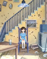 Rule 34 | 1girl, aged down, arm at side, blue dress, brown eyes, brown hair, bullet hole, candle, candlestand, chair, cup, dress, ellone, final fantasy, final fantasy viii, fireplace, firewood, hair over one eye, hand on lap, house, indoors, looking at viewer, medium hair, nini tw99, picture frame, rug, short sleeves, sitting, socks, solo, square enix, stairs, table, white footwear, white socks