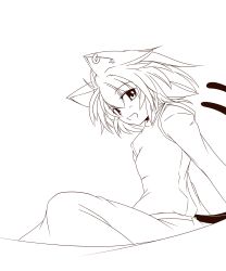 Rule 34 | 1girl, animal ears, bad id, bad pixiv id, cat ears, cat girl, cat tail, chen, earrings, female focus, highres, jewelry, kachoo, lineart, looking at viewer, monochrome, multiple tails, short hair, single earring, smile, solo, tail, touhou