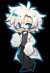 Rule 34 | 1boy, black background, black footwear, black pants, black shirt, blue eyes, blue outline, chinese commentary, commentary request, deformed, eyes visible through hair, glasses, highres, kanou aogu, lab coat, long sleeves, luobang, male focus, open clothes, open mouth, outline, pants, rectangular eyewear, saibou shinkyoku, semi-rimless eyewear, shirt, short hair, simple background, sleeves past fingers, sleeves past wrists, smile, solo, white hair