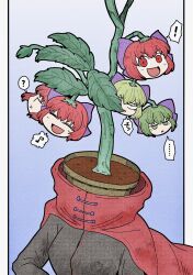 Rule 34 | !, 1girl, :d, ?, cape, closed eyes, commentary request, gradient background, green hair, grey background, happy, highres, kiringi, looking at viewer, musical note, one-hour drawing challenge, open mouth, plant, potted plant, red cape, red eyes, red hair, sekibanki, short hair, simple background, smile, solo, spoken exclamation mark, spoken musical note, spoken question mark, touhou, triangle mouth, v-shaped eyebrows, what