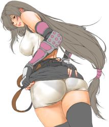 Rule 34 | 1girl, ass, bare shoulders, black skirt, breasts, brown hair, commentary request, earrings, elbow gloves, elbow pads, final fantasy, final fantasy vii, final fantasy vii remake, fingerless gloves, from behind, gloves, huge ass, jewelry, large breasts, lifting own clothes, long hair, low-tied long hair, midriff, miniskirt, pencil skirt, see-through, shinobu (tyno), shirt, skirt, suspender skirt, suspenders, tank top, taut clothes, taut shirt, thighhighs, thighs, tifa lockhart, very long hair