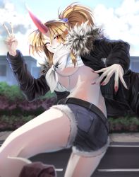 Rule 34 | 1girl, alternate costume, alternate hairstyle, arms up, belt, black coat, blonde hair, blue scrunchie, blue sky, blurry, blurry background, blurry foreground, breasts, brown footwear, building, cloud, coat, commentary, day, denim, denim shorts, eyes visible through hair, fingernails, from side, front-tie top, fur-trimmed coat, fur-trimmed shorts, fur trim, grin, hair ornament, highres, horns, hoshiguma yuugi, large breasts, looking at viewer, looking back, midriff, nail polish, one eye closed, open clothes, open coat, outdoors, ponytail, red eyes, road, scrunchie, sharp fingernails, shirt, short shorts, shorts, single horn, sky, slit pupils, smile, solo, standing, standing on one leg, star (symbol), star hair ornament, sunnysideup, touhou, tree, underboob, v, white shirt