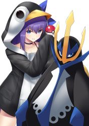 Rule 34 | 1girl, absurdres, animal hood, bird, black choker, black jacket, blue eyes, choker, collarbone, commentary request, creatures (company), crossover, empoleon, fate/grand order, fate (series), game freak, gen 4 pokemon, glint, grin, hair between eyes, highres, holding, holding poke ball, hood, hood up, hooded jacket, i.f.s.f, jacket, long hair, long sleeves, looking at viewer, meltryllis, meltryllis (fate), meltryllis (swimsuit lancer) (fate), meltryllis (swimsuit lancer) (first ascension) (fate), nintendo, penguin, penguin hood, poke ball, poke ball (basic), pokemon, pokemon (creature), pokemon dppt, purple hair, simple background, sleeves past fingers, sleeves past wrists, smile, v-shaped eyebrows, white background