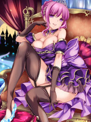 Rule 34 | 1girl, breasts, cleavage, detached collar, elbow gloves, gloves, high heels, large breasts, looking at viewer, monety, purple eyes, purple hair, shoe dangle, solo, thighhighs, tiara
