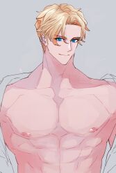 Rule 34 | 1boy, abs, bara, bare pectorals, blonde hair, facial hair, highres, lewis smith, llld (2ldk1241), looking at viewer, male focus, nipples, pectorals, seductive smile, sideburns stubble, smile, solo, stubble, thick eyebrows, undressing, upper body, yuuki bakuhatsu bang bravern