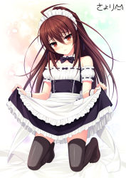 Rule 34 | 1girl, ahoge, apron, bad id, bad pixiv id, bare shoulders, black thighhighs, blush, bow, bowtie, brown hair, clothes lift, curtsey, detached collar, detached sleeves, kneeling, long hair, looking at viewer, love-ressive, maid, maid apron, maid headdress, red eyes, sayori (neko works), skirt, skirt lift, solo, takaha ryou, thighhighs, waist apron, wrist cuffs