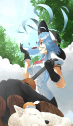 Rule 34 | 1girl, absurdres, ahoge, altaria, alternate hair length, alternate hairstyle, ascot, black gloves, black skirt, blue hair, boots, breasts, brown footwear, creatures (company), cross-laced footwear, crossover, day, dress shirt, from side, game freak, gen 3 pokemon, gloves, highres, hinanawi tenshi, instrument, lace-up boots, looking at another, nintendo, parted lips, pokemon, pokemon (creature), pokemon oras, pokemon rse, profile, puffy short sleeves, puffy sleeves, red eyes, route1911, shirt, short sleeves, sidelocks, sitting, skirt, sleeping, small breasts, smile, touhou, ukulele, white shirt