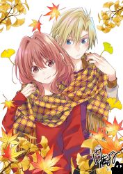 Rule 34 | 1boy, 1girl, :/, amagami-san chi no enmusubi, amagami yuna, blonde hair, blue eyes, commentary request, cover image, falling leaves, floral background, flower, hair between eyes, hair intakes, highres, holding, holding clothes, holding scarf, kamihate uryuu, leaf, long sleeves, looking at another, looking at viewer, maple leaf, marcey, medium hair, official art, plaid, plaid scarf, purple shirt, red eyes, red hair, red sweater, scarf, shared clothes, shared scarf, shirt, short hair, signature, smile, straight hair, sweater, upper body