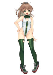 Rule 34 | 1girl, absurdres, adapted costume, alice gear aegis, breasts, brown hair, circle cutout, cleavage cutout, clothing cutout, companion/af, covered collarbone, front zipper, full-length zipper, full body, green eyes, green thighhighs, hair ornament, heattech leotard, high heels, highleg, highleg leotard, highres, kantai collection, kumano (kancolle), leotard, long hair, race queen, simple background, sleeveless turtleneck leotard, small breasts, smile, solo, thighhighs, turtleneck, two-tone leotard, white background, white leotard, yashin (yasinz), zipper, zipper leotard, zipper pull tab