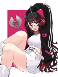 Rule 34 | 1girl, :o, absurdres, alternate costume, arms up, belt, black-framed eyewear, black hair, black jacket, blue eyes, blush, breasts, commentary, demon girl, demon horns, demon tail, ear bar, earrings, feet out of frame, glasses, highres, horns, jacket, jewelry, large breasts, long hair, looking at viewer, medium bangs, midriff, multicolored hair, nanashi inc., open clothes, open jacket, open mouth, pleated skirt, pointy ears, red background, red hair, round eyewear, ryugasaki rene, shirt, simple background, sitting, skirt, socks, solo, tail, two-tone background, two-tone hair, very long hair, virtual youtuber, white background, white belt, white shirt, white skirt, white socks, zono (inokura syuzo029)