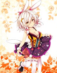 Rule 34 | 1girl, animal ears, bare shoulders, black footwear, blush, breasts, cleavage, closed mouth, collarbone, cowboy shot, floral background, flower knight girl, hair ornament, holding, looking at viewer, medium breasts, rabbit ears, rabbit tail, ribbon-trimmed legwear, ribbon trim, short hair, sleeveless, smile, solo, standing, standing on one leg, suzume (simple0091), symbol-shaped pupils, tail, thighhighs, white hair, white thighhighs, yellow eyes