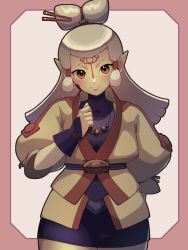 Rule 34 | 1girl, blush, brown eyes, cowboy shot, eye symbol, facial mark, forehead mark, forehead tattoo, grey hair, hair ornament, hair stick, hair tubes, hand up, highres, jewelry, long hair, looking at viewer, necklace, nintendo, pantyhose, paya (zelda), pointy ears, sheikah, short sleeves, solo, the legend of zelda, the legend of zelda: breath of the wild, zerogiga