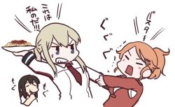 Rule 34 | 10s, 3girls, akagi (kancolle), aquila (kancolle), betchan, blonde hair, blue eyes, brown hair, commentary request, food, graf zeppelin (kancolle), high ponytail, jacket, kantai collection, long hair, long sleeves, military, military uniform, multiple girls, necktie, orange hair, pasta, red jacket, red necktie, short hair, sidelocks, simple background, spaghetti, translated, twintails, uniform, white background