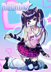 Rule 34 | 1girl, animal ears, animification, black eyes, black footwear, black hair, black thighhighs, blue hair, boots, camisole, cat ears, character name, chewie, earrings, fingerless gloves, gloves, heart, hello kitty, hello kitty (character), highres, jewelry, k-pop, kneeling, multicolored hair, neck ribbon, newjeans, pink camisole, pink ribbon, pink skirt, plaid, plaid skirt, real life, ribbon, sanrio, skirt, smile, solo, star (symbol), streaked hair, striped clothes, striped gloves, thighhighs, twintails
