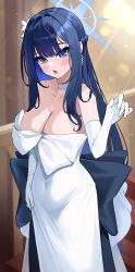 Rule 34 | 1girl, 82jhin, absurdres, bare shoulders, blue archive, blue eyes, blue halo, blurry, blurry background, blush, breasts, choker, cleavage, collarbone, commentary request, dress, earrings, elbow gloves, flower, gloves, hair flower, hair ornament, halo, highres, jewelry, korean commentary, large breasts, looking at viewer, official alternate costume, open mouth, saori (blue archive), saori (dress) (blue archive), solo, standing, white choker, white dress, white flower, white gloves