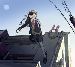 Rule 34 | 1girl, :/, arm behind back, black hair, black skirt, blazer, blue sky, bow, bowtie, brown eyes, brown sweater, building, closed mouth, collared shirt, commentary, expressionless, floating hair, full body, full moon, hair ribbon, tucking hair, hand up, industrial pipe, jacket, jaggy lines, lace, lace-trimmed skirt, lace trim, long hair, long sleeves, looking at viewer, loose bowtie, moon, moon in daylight, nijisanji, ogistation, on wall, open clothes, open jacket, outdoors, pink bow, pink bowtie, pink ribbon, plaid, plaid skirt, popped collar, power lines, ribbon, school uniform, shirt, sign, skirt, sky, solo, sweater, thighhighs, tsukino mito, tsukino mito (1st costume), turning head, virtual youtuber, walking, white shirt, white thighhighs, wind, wind lift