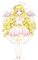 Rule 34 | 1girl, :o, angel, angel wings, bad id, bad pixiv id, blonde hair, blush, dress, feathered wings, flower, full body, gradient dress, hair bobbles, hair flower, hair ornament, halo, head tilt, highres, long hair, looking at viewer, low-tied long hair, no socks, original, own hands clasped, own hands together, parted lips, pink dress, praying, shoes, short dress, short sleeves, simple background, solo, standing, tsukiyo (skymint), very long hair, wavy hair, white background, white footwear, white wings, wings, yellow dress, yellow eyes