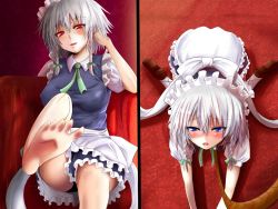 Rule 34 | 1girl, bad id, bad pixiv id, barefoot, blush, braid, breasts, covered erect nipples, feet, female focus, femdom, foot focus, foreshortening, highres, izayoi sakuya, large breasts, leash, maid, red eyes, ribbon, short hair, slave, soles, embodiment of scarlet devil, toes, touhou, twin braids, wancor