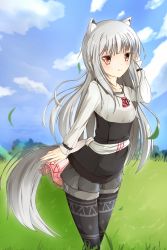 Rule 34 | 1girl, animal ears, bad id, bad pixiv id, black pantyhose, cloud, day, grass, highres, long hair, misu t (ccc), myuri (spice and wolf), outdoors, pantyhose, pantyhose under shorts, red eyes, shinsetsu spice and wolf, shirt, shorts, silver hair, sky, smile, solo, spice and wolf, tail, very long hair, wind, wolf ears, wolf tail