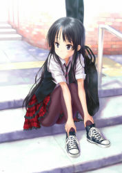 Rule 34 | 1girl, akiyama mio, black hair, converse, goto p, guitar case, instrument case, k-on!, lowres, pantyhose, plaid, plaid skirt, shoes, sitting, sitting on stairs, skirt, sneakers, solo, stairs