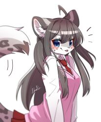 Rule 34 | 1girl, ahoge, animal ear fluff, animal ears, artist name, blue eyes, breasts, collar, collared shirt, furry, furry female, grey hair, highres, long hair, medium breasts, nachiwanko, original, pleated skirt, shirt, signature, skirt, snow leopard, sweat, tie, tongue, tongue out