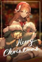 Rule 34 | 1girl, animal ears, arknights, bad id, bad pixiv id, black socks, bow, bowtie, box, brown eyes, brown hair, chinese commentary, eyjafjalla (arknights), fur-trimmed jacket, fur trim, gift, gift box, green jacket, highres, horns, jacket, kuiqiu kq, long hair, looking at viewer, merry christmas, off shoulder, red bow, red bowtie, red headwear, sheep ears, sheep horns, shirt, sitting, sketch, smile, socks, solo, white shirt