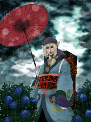 Rule 34 | 1boy, androgynous, backpack, bag, flower, hydrangea, japanese clothes, kusuriuri (mononoke), male focus, mononoke, obi, oil-paper umbrella, pale skin, rain, sash, solo, umbrella
