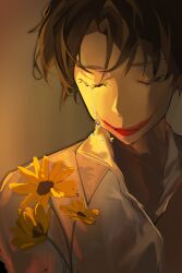 Rule 34 | 1boy, abstract background, absurdres, black hair, chinese commentary, closed eyes, clown mask, commentary request, dark, flower, highres, holding, holding flower, klein moretti, lord of the mysteries, makeup, mask, partially shaded face, shaozhudezhonghuaguo516, shirt, short hair, single tear, solo, white shirt