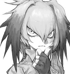 Rule 34 | 10s, 1girl, bad drawr id, bad id, bokotops, fingerless gloves, gloves, greyscale, hand on own chin, head wings, kemono friends, looking at viewer, monochrome, shirt, shoebill (kemono friends), side ponytail, solo, stroking own chin, thinking, wings