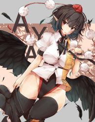 Rule 34 | 1girl, black hair, black one-piece swimsuit, black skirt, black thighhighs, black wings, blush, breast pocket, breasts, character name, closed mouth, clothes pull, competition swimsuit, feathered wings, feathers, frilled skirt, frills, hand on own chest, hat, heart, heart-shaped pupils, highleg, highleg swimsuit, impossible clothes, impossible shirt, jyaoh0731, large breasts, leaf, leaf background, looking at viewer, low wings, one-piece swimsuit, pen, pocket, pointy ears, pom pom (clothes), red eyes, red hat, shameimaru aya, shirt, short hair, short sleeves, skirt, skirt pull, solo, swimsuit, swimsuit under clothes, symbol-shaped pupils, thighhighs, tokin hat, touhou, undressing, white shirt, wings, wristband, zipper pull tab