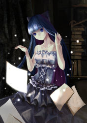 Rule 34 | 10s, 1girl, alternate costume, alternate hair color, bad id, bad pixiv id, bare shoulders, blue eyes, blue hair, blunt bangs, book, dark, dress, e jian, expressionless, floating, frilled dress, frills, highres, long hair, matching hair/eyes, panty &amp; stocking with garterbelt, paper, solo, stocking (psg), strapless, strapless dress