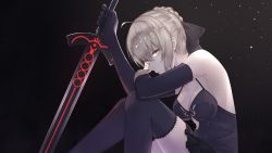Rule 34 | 1girl, ahoge, armpits, artoria pendragon (all), artoria pendragon (fate), bad id, bad pixiv id, bare shoulders, black background, black bow, black dress, black gloves, black thighhighs, bow, braid, breasts, cleavage, closed mouth, dress, elbow gloves, excalibur morgan (fate), expressionless, fate/grand order, fate (series), feet out of frame, frilled dress, frills, from side, gloves, gradient background, grey hair, hair between eyes, hair bow, halter dress, halterneck, highres, holding, holding sword, holding weapon, knees up, light particles, looking at viewer, looking to the side, medium breasts, pale skin, saber alter, scal2let, short hair, sidelocks, sideways glance, sitting, sleeveless, sleeveless dress, solo, sword, thighhighs, weapon, yellow eyes