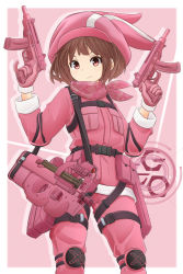 Rule 34 | 1girl, animal ears, animal hat, bandana, belt, brown hair, bullpup, closed mouth, commentary request, cowboy shot, dual wielding, elbow pads, emblem, gloves, gun, hat, highres, holding, jacket, knee pads, llenn (sao), looking at another, looking at viewer, machine pistol, mikeran (mikelan), outside border, p-chan (p90), p-chan (sao), p90, pants, personal defense weapon, pink background, pink bandana, pink eyes, pink gloves, pink hat, pink jacket, pink neckwear, pinky out, rabbit ears, rabbit hat, short hair, skorpion vz. 61, smirk, solo, standing, submachine gun, sword art online, sword art online alternative: gun gale online, tactical clothes, trigger discipline, utility belt, v-shaped eyebrows, weapon